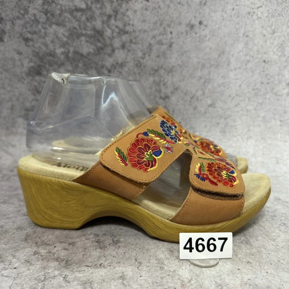 Alegria Linn Wedge Sandal Women Size 38 US 7.5-8 Cognac Floral Leather Shoes